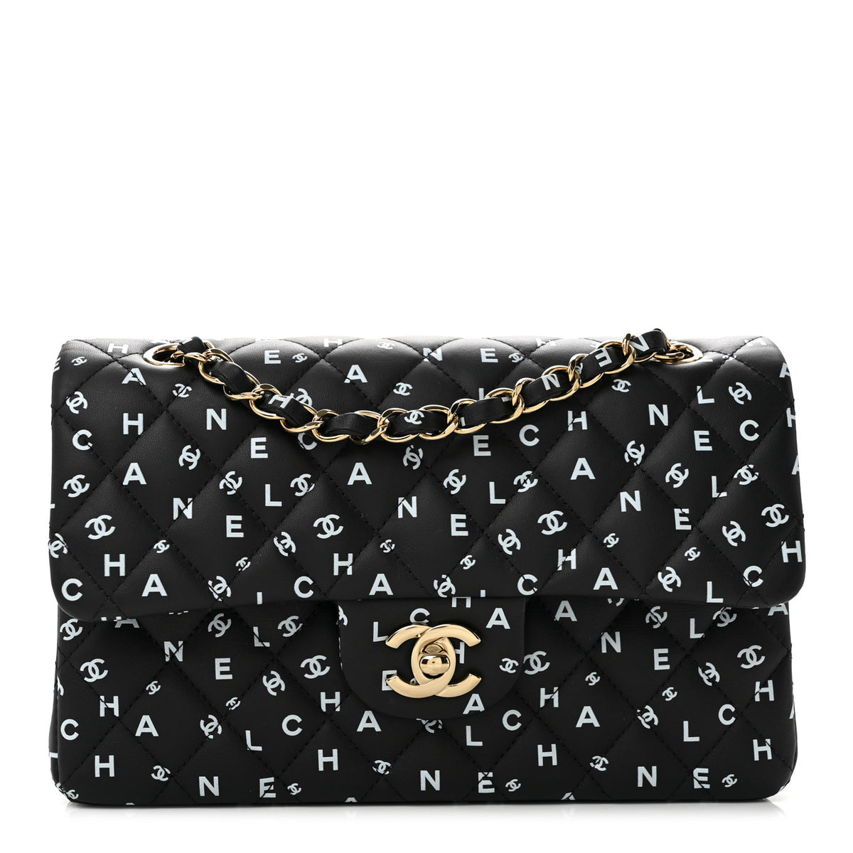 Chanel Calfskin Quilted Logo CC Printed Small Double Flap Black White 1 of 12