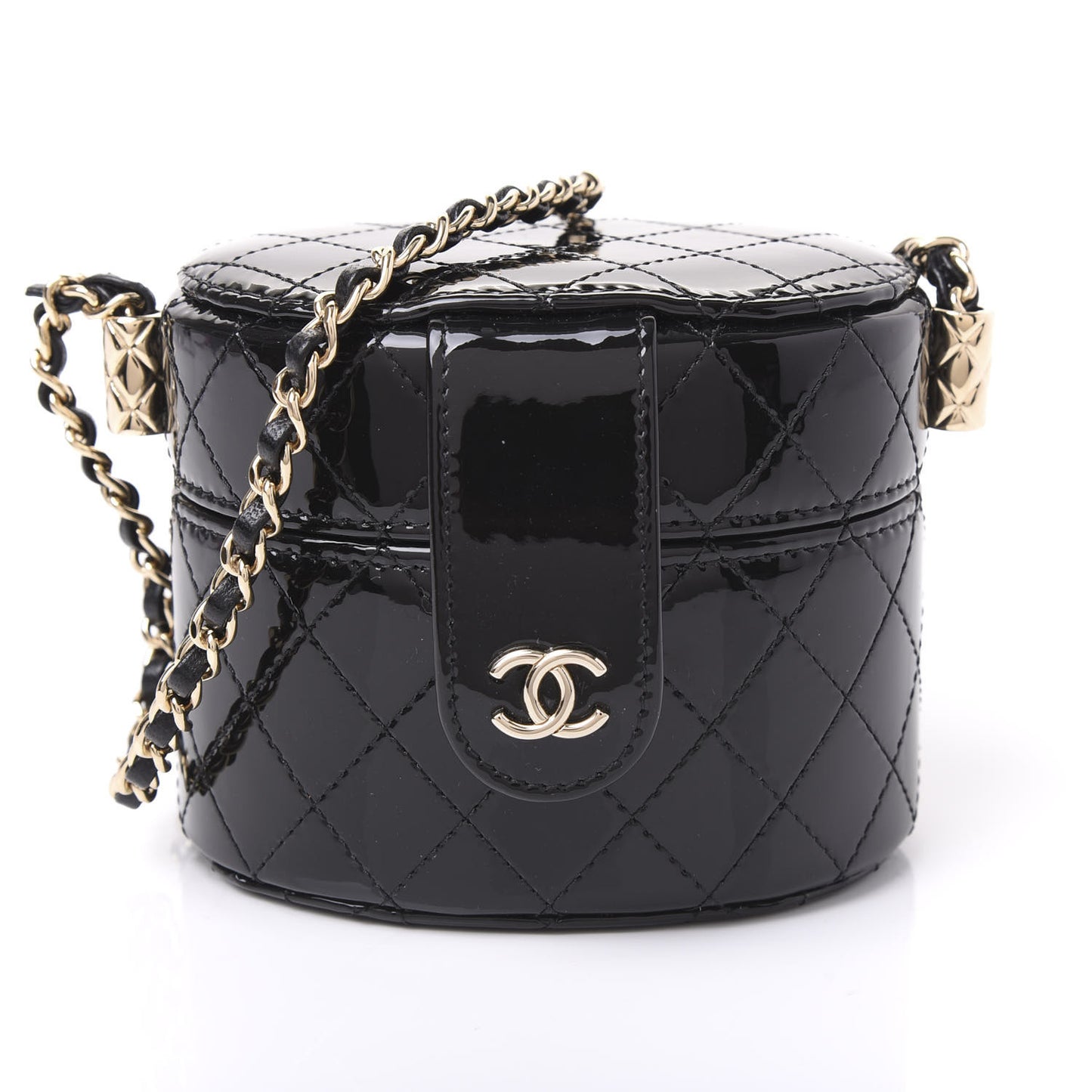 Patent Quilted Round Small Vanity With Chain Black