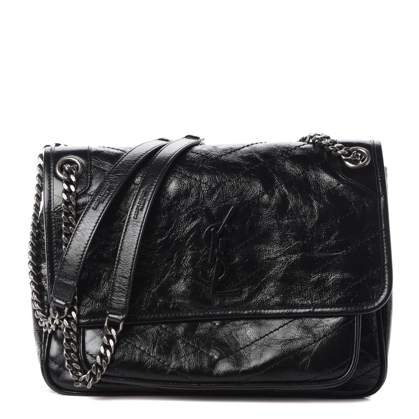 Crinkled Calfskin Matelasse Monogram Medium Niki Chain Satchel Black