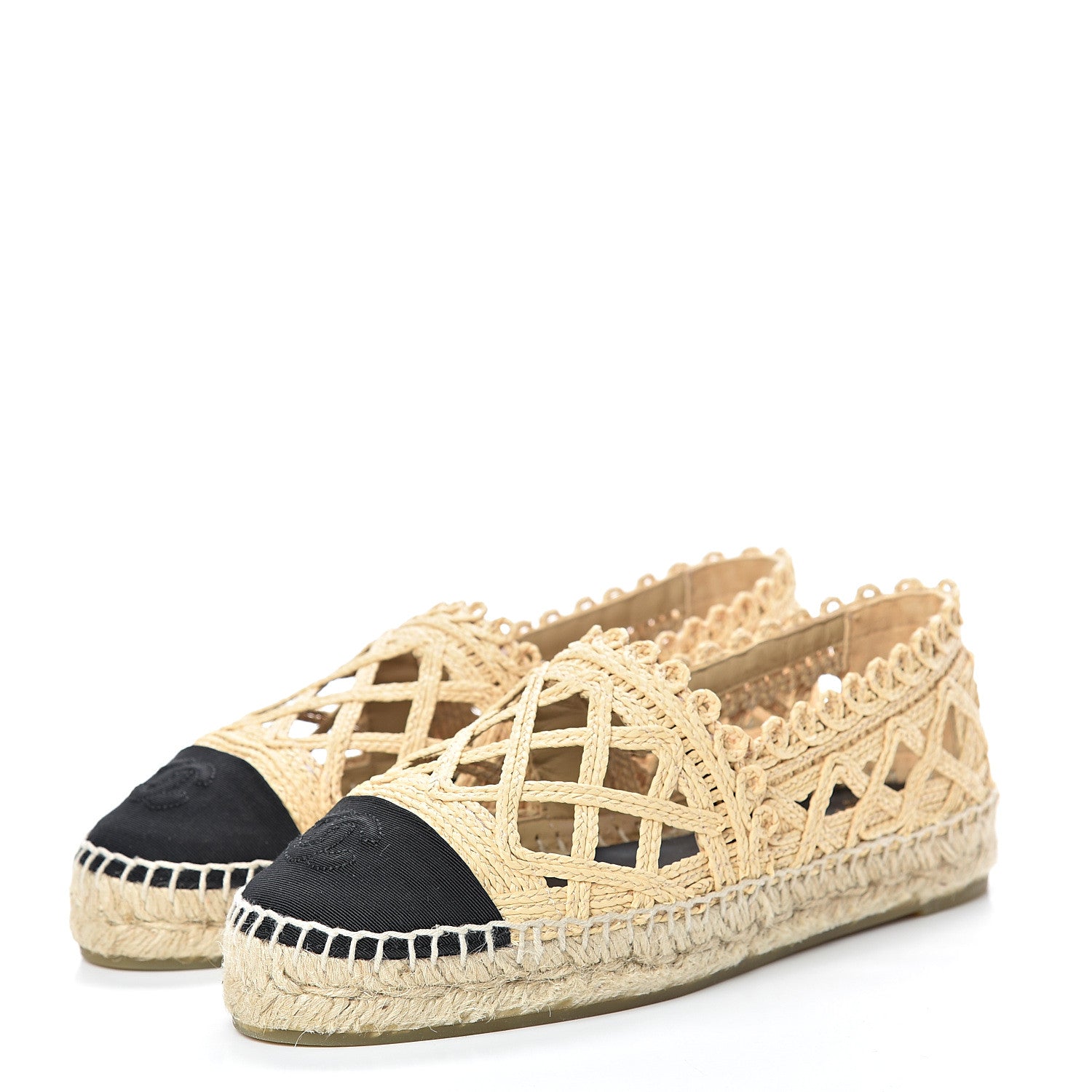 Chanel Woven Fabric Grosgrain CC Espadrilles 37 Beige Black 3 of 12