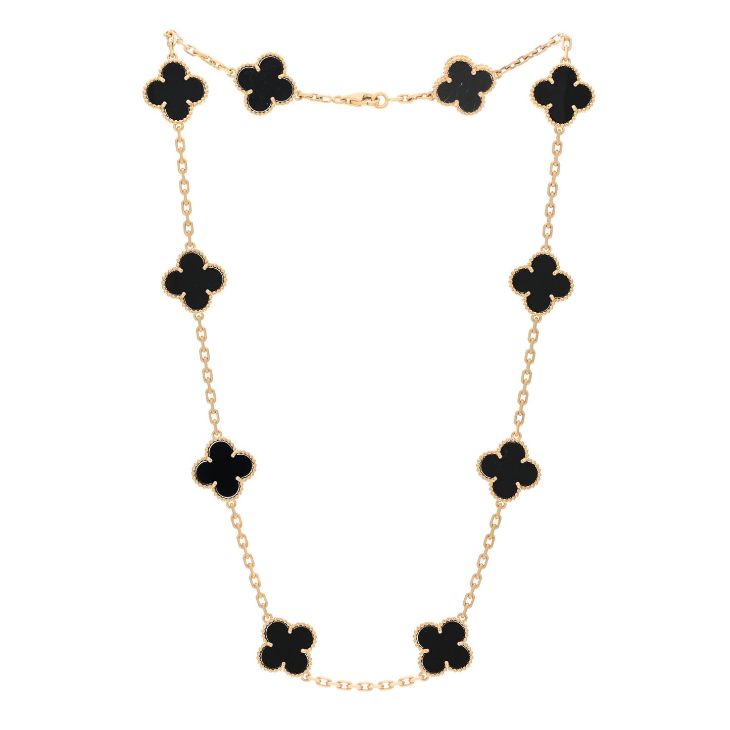 18K Yellow Gold Black Onyx 10 Motifs Vintage Alhambra Necklace