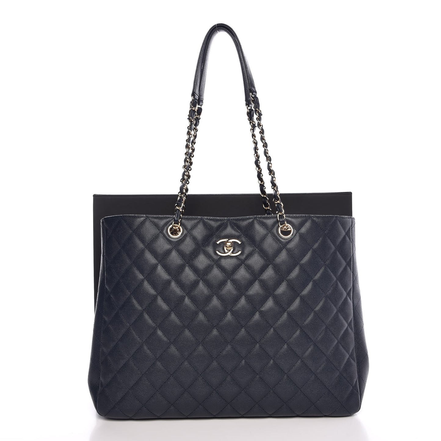 Metallic Caviar Quilted Large Classic Shopping Tote Navy