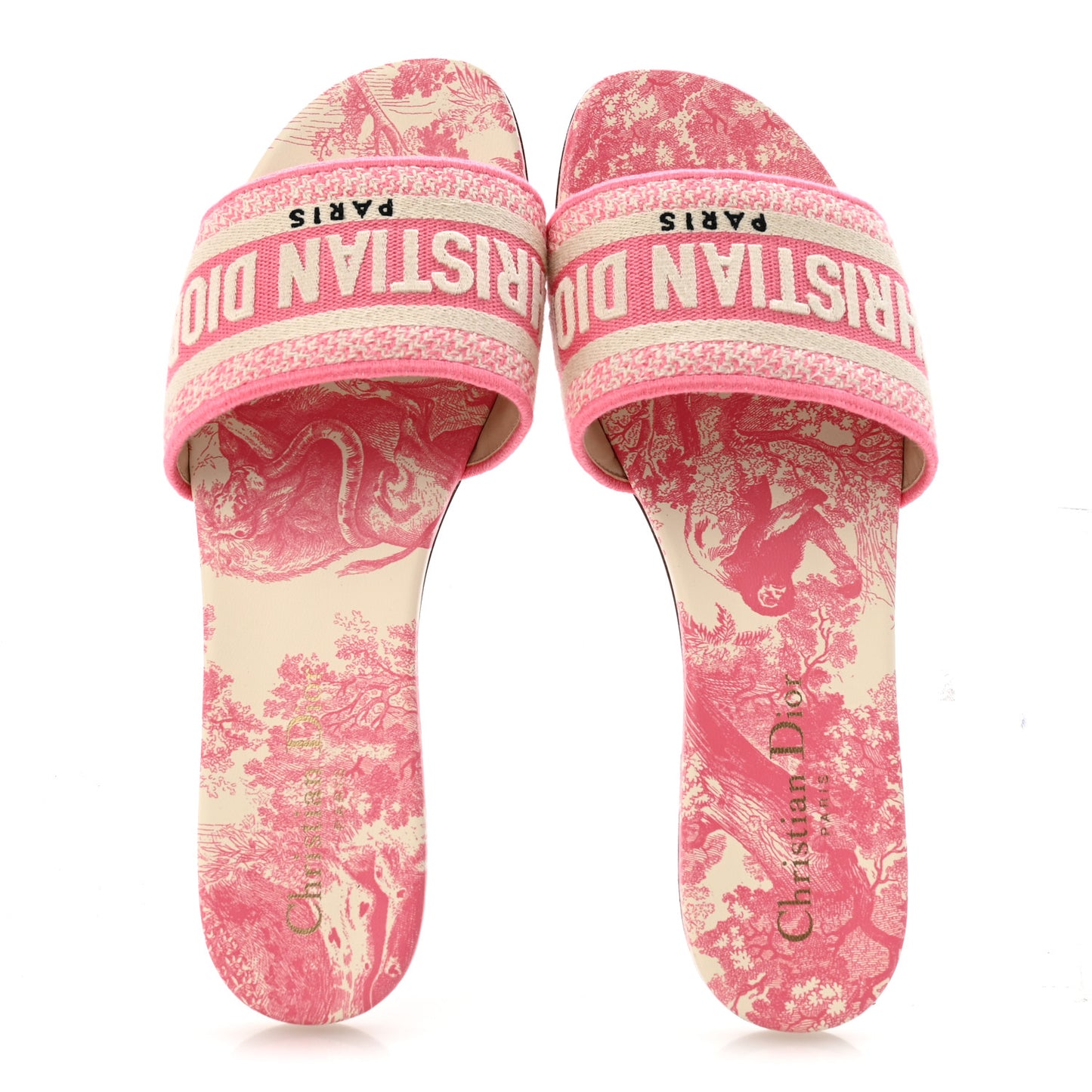Canvas Toile de Jouy Embroidered Dway Flat Slide Sandals 37 Off White Pink
