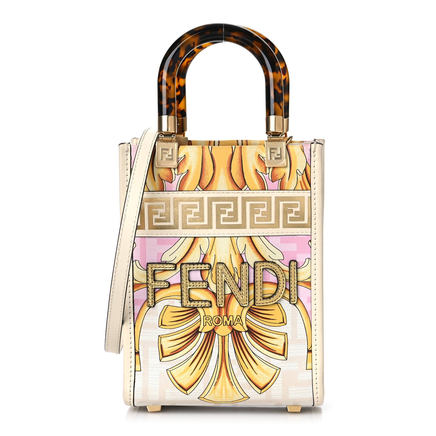 Fendi X VERSACE Calfskin Plexiglass Fendace FF Baroque Mini Fendi Sunshine Shopper Tote Gold Rosa White Ice Ciad 1 of 9