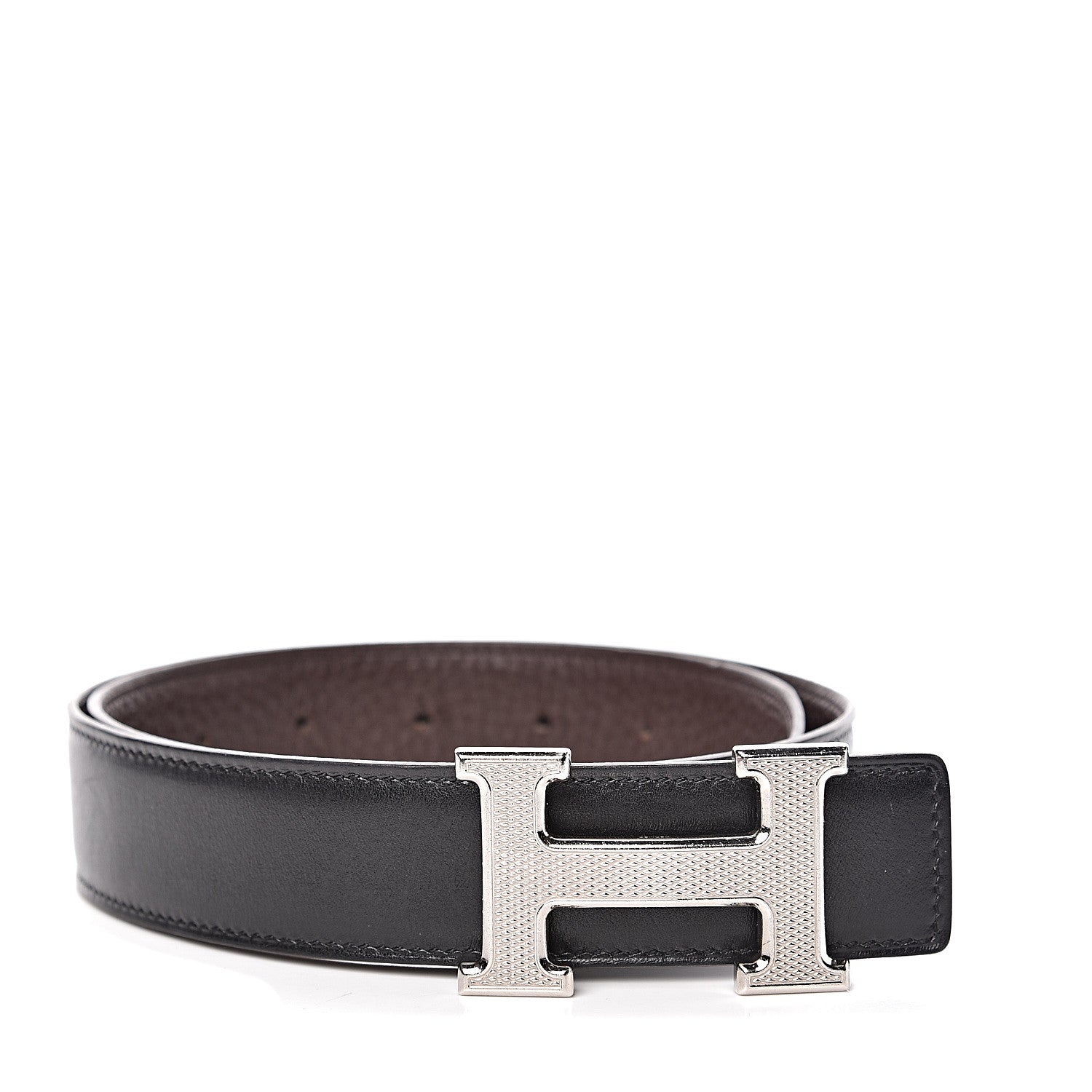 Hermes Box Taurillon Clemence 32mm Guilloche H Belt 70 Black Chocolate 1 of 6
