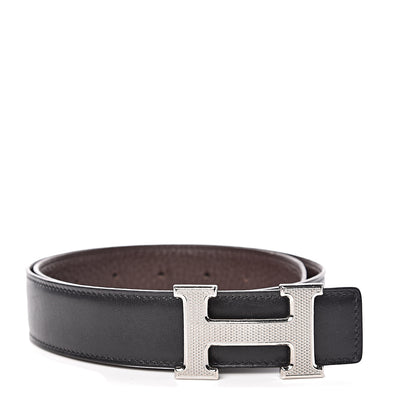Hermes Box Taurillon Clemence 32mm Guilloche H Belt 70 Black Chocolate 1 of 6