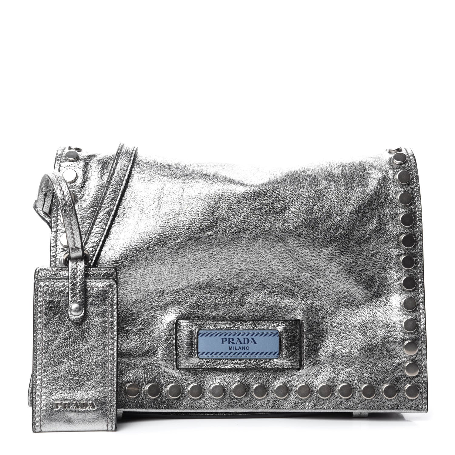 Prada Metallic Glace Calfskin Studded Etiquette Flap Silver 1 of 11