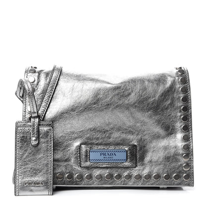 Prada Metallic Glace Calfskin Studded Etiquette Flap Silver 1 of 11