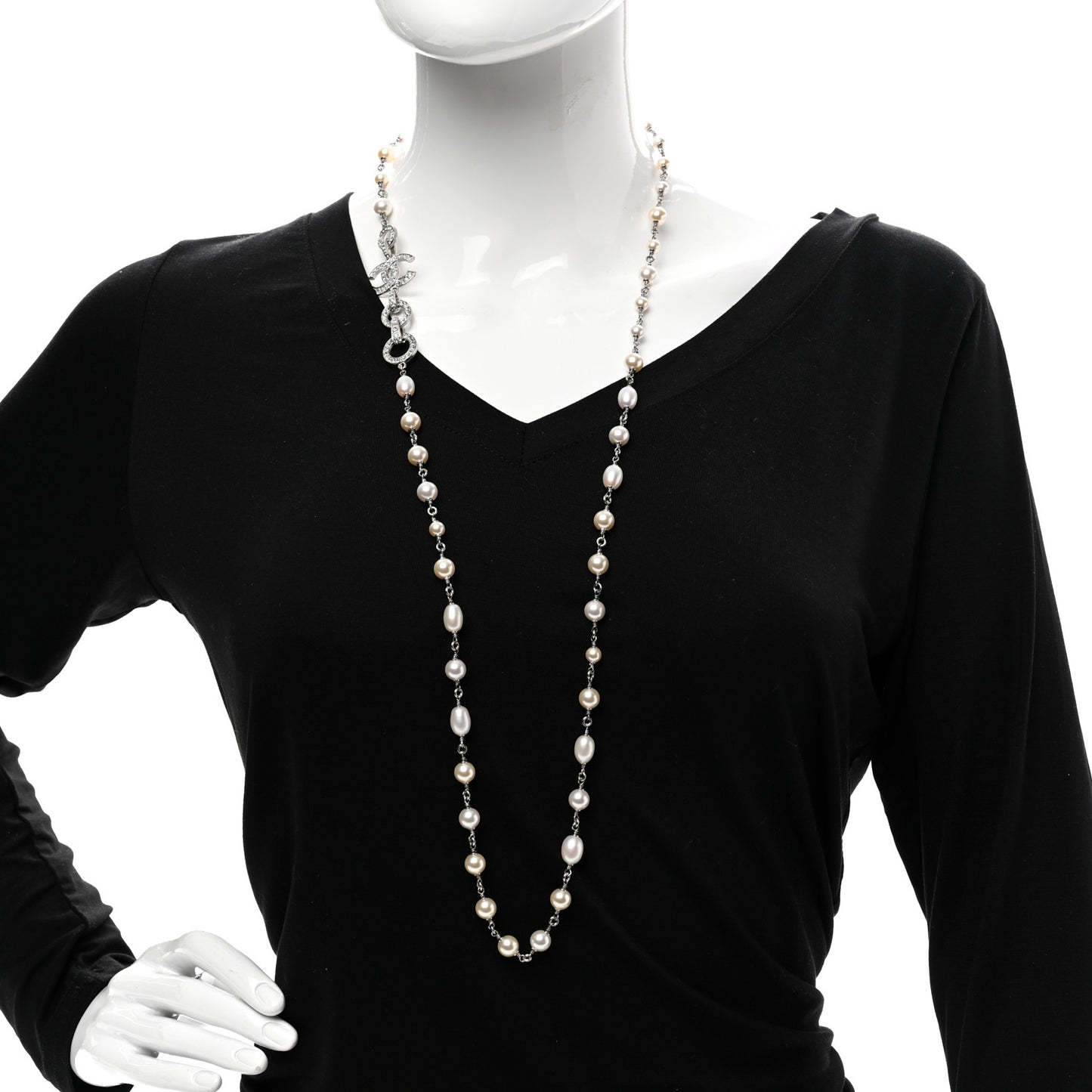 Crystal Pearl CC Long Necklace Silver
