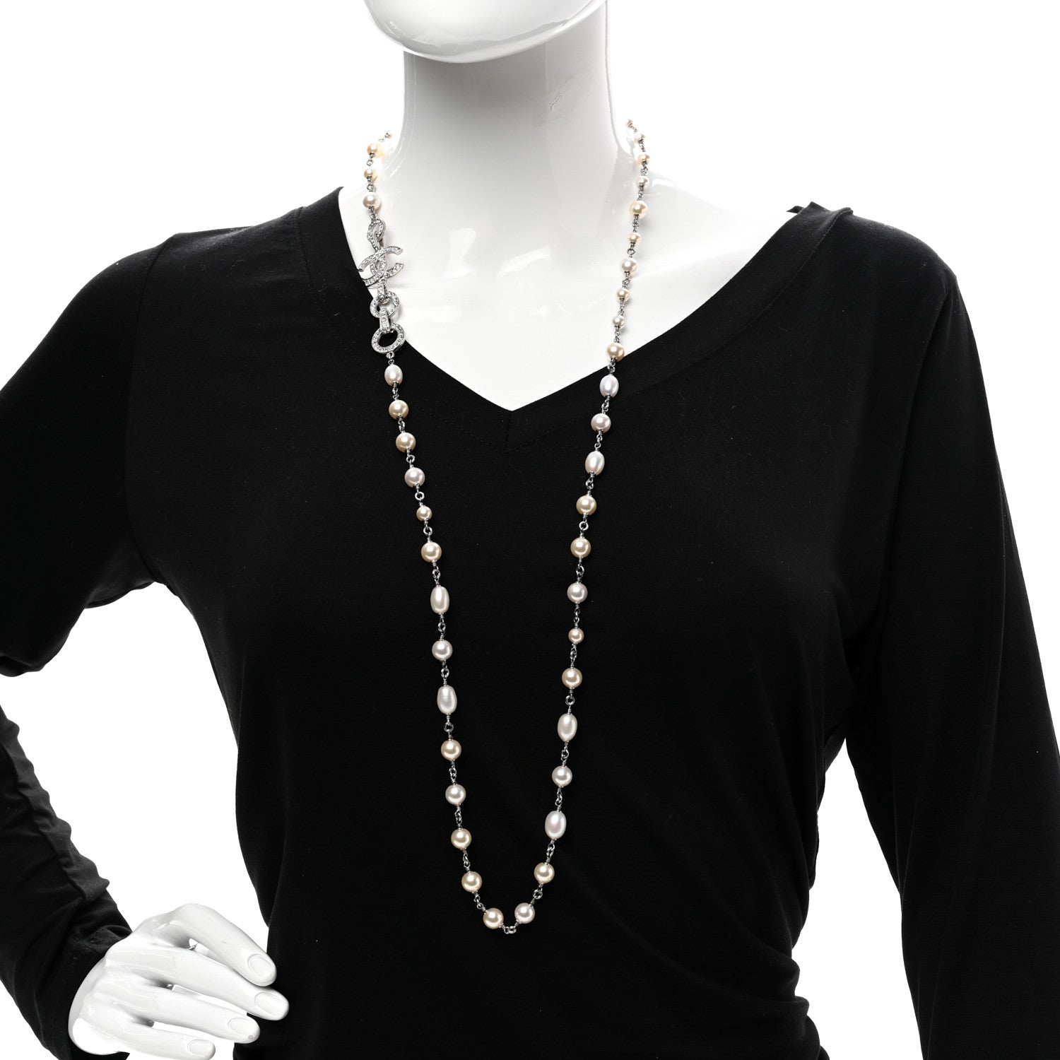 Chanel Crystal Pearl CC Long Necklace Silver 2 of 6