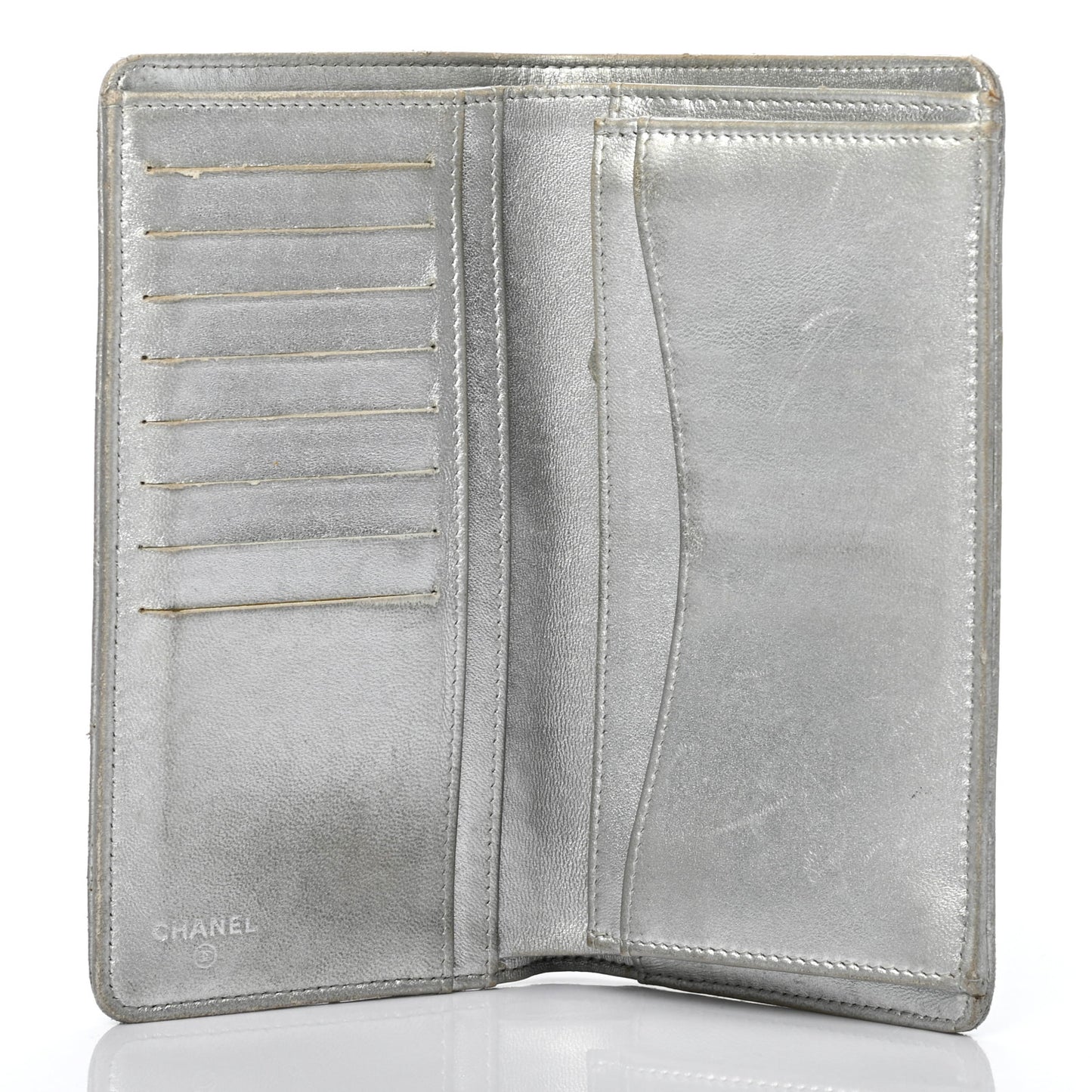 Metallic Lambskin Quilted Yen Wallet Silver