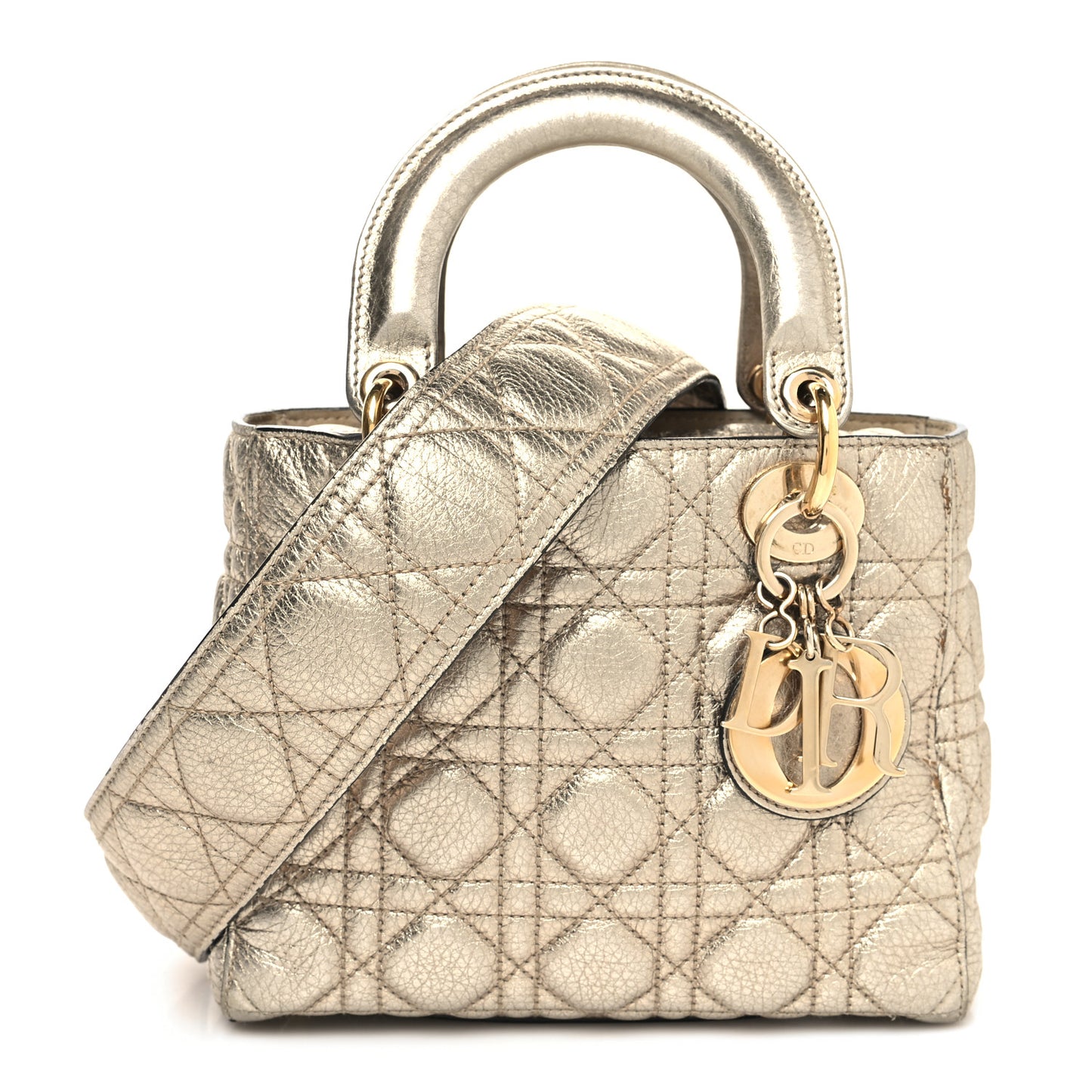 Metallic Grained Calfskin Cannage Mini Supple Lady Dior Pale Gold