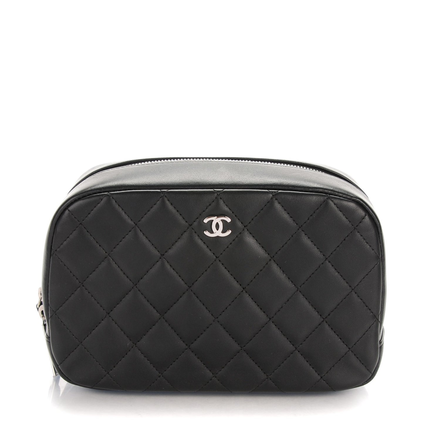 Lambskin Quilted Curvy Pouch Cosmetic Case Black