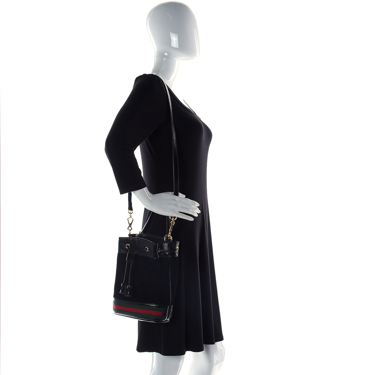 Suede Patent Web Small Ophidia Bucket Bag Black