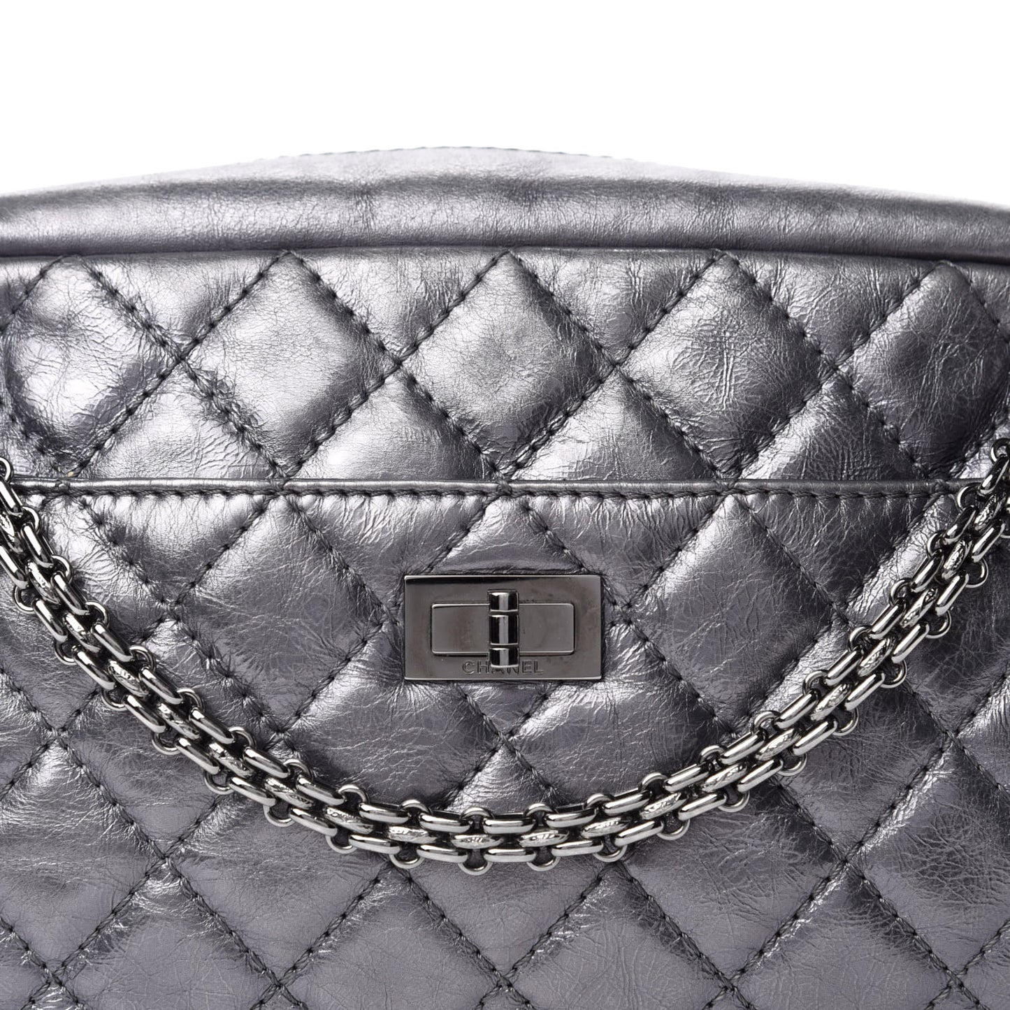 Metallic Aged Calfskin Quilted Medium Reissue Camera Case Dark Silver
