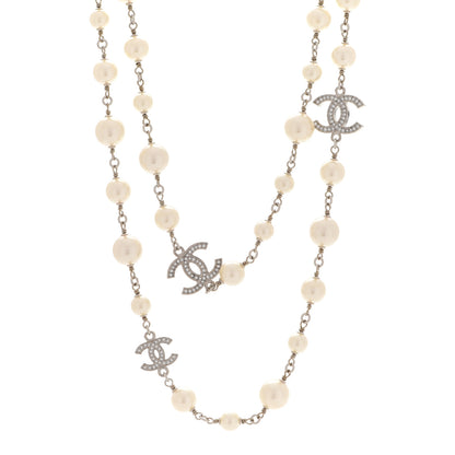 Chanel Crystal Pearl CC Long Necklace Silver 1 of 6
