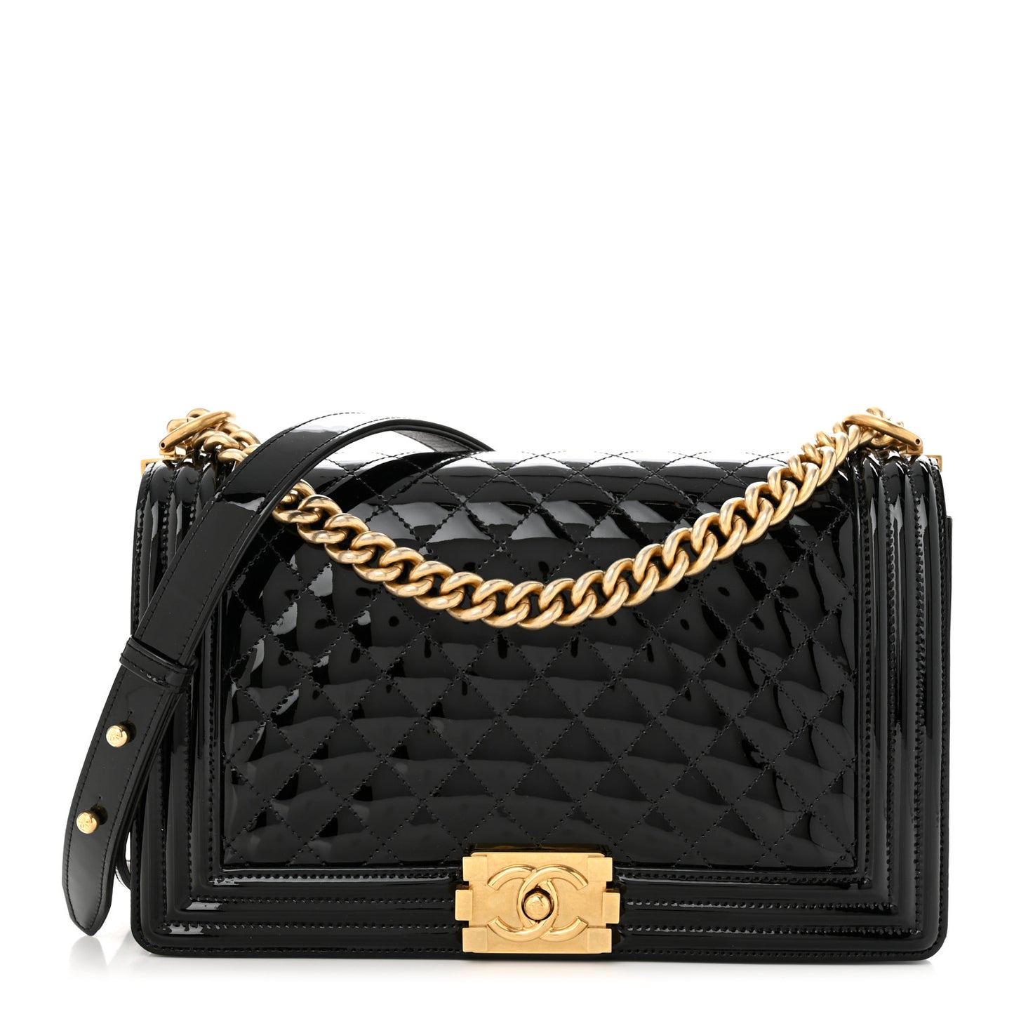 Patent Calfskin Quilted New Medium Boy Flap Black