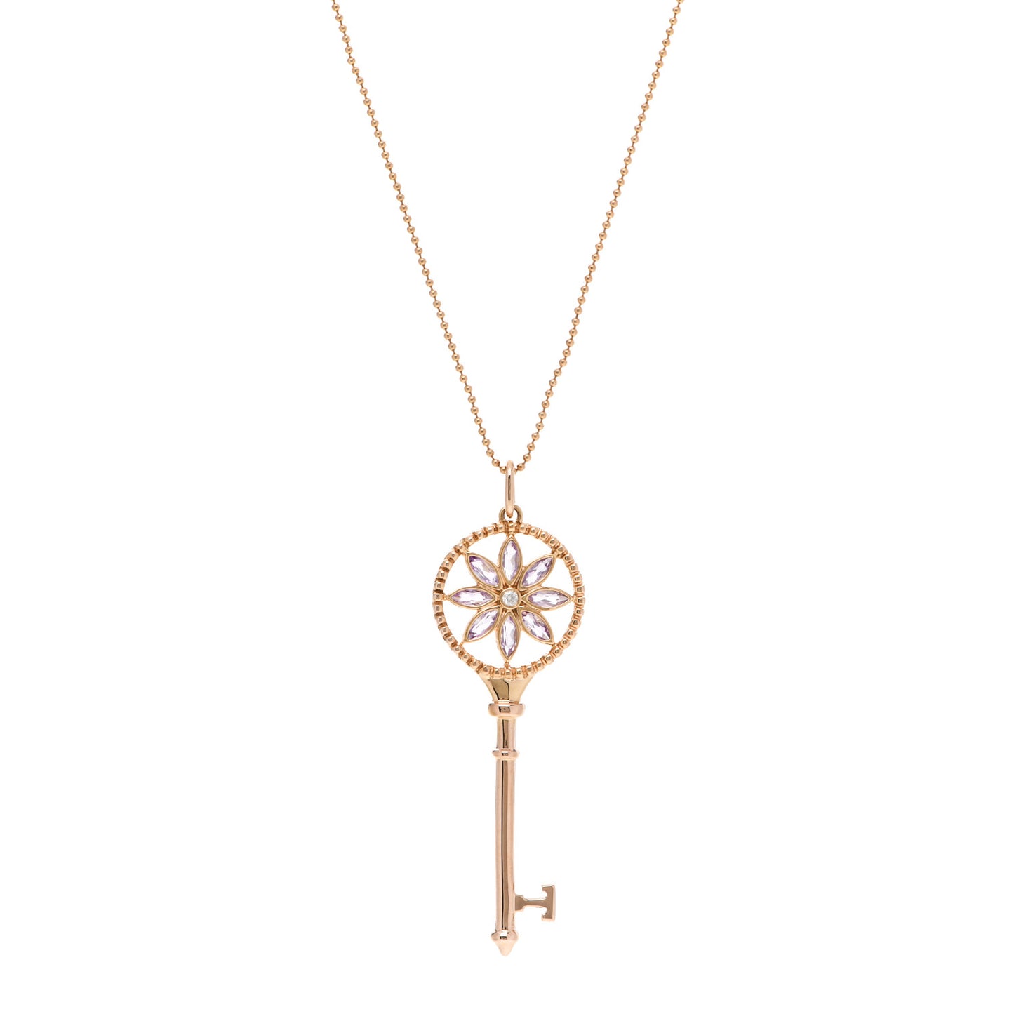 18K Rose Gold Diamond Amethyst Daisy Key Pendant Necklace