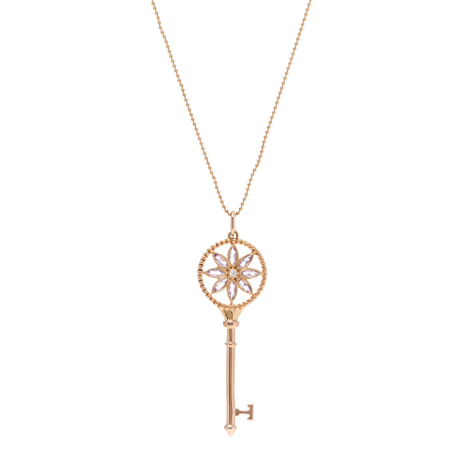 Tiffany 18K Rose Gold Diamond Amethyst Daisy Key Pendant Necklace 1 of 5