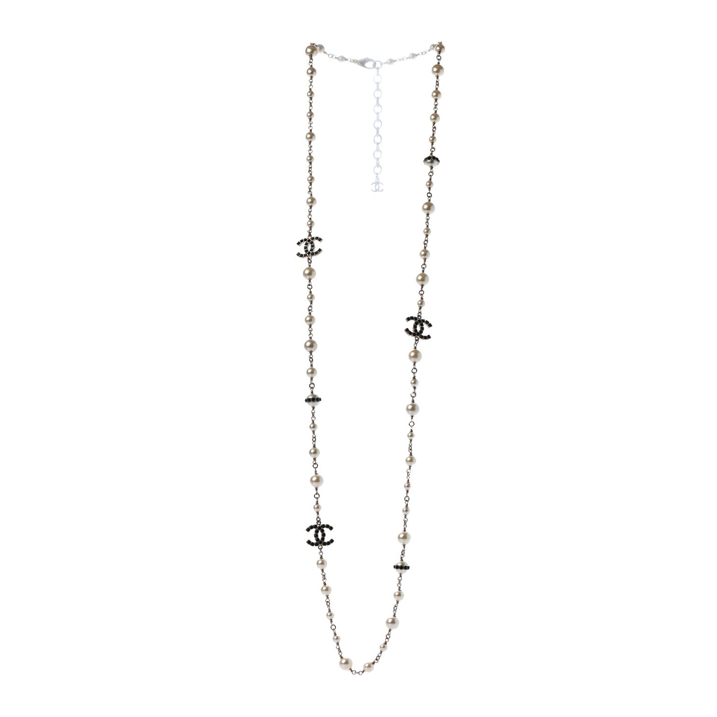 Pearl Crystal CC Long Necklace Black Gold
