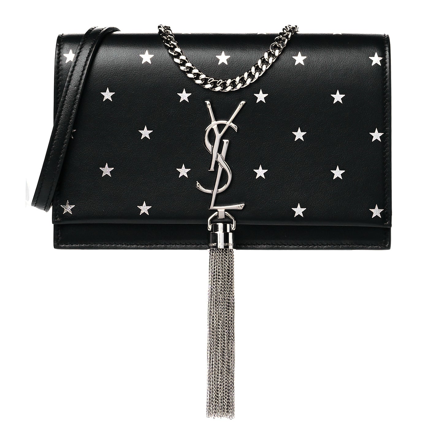 Calfskin Star Print Monogram Kate Tassel Chain Wallet Black Silver