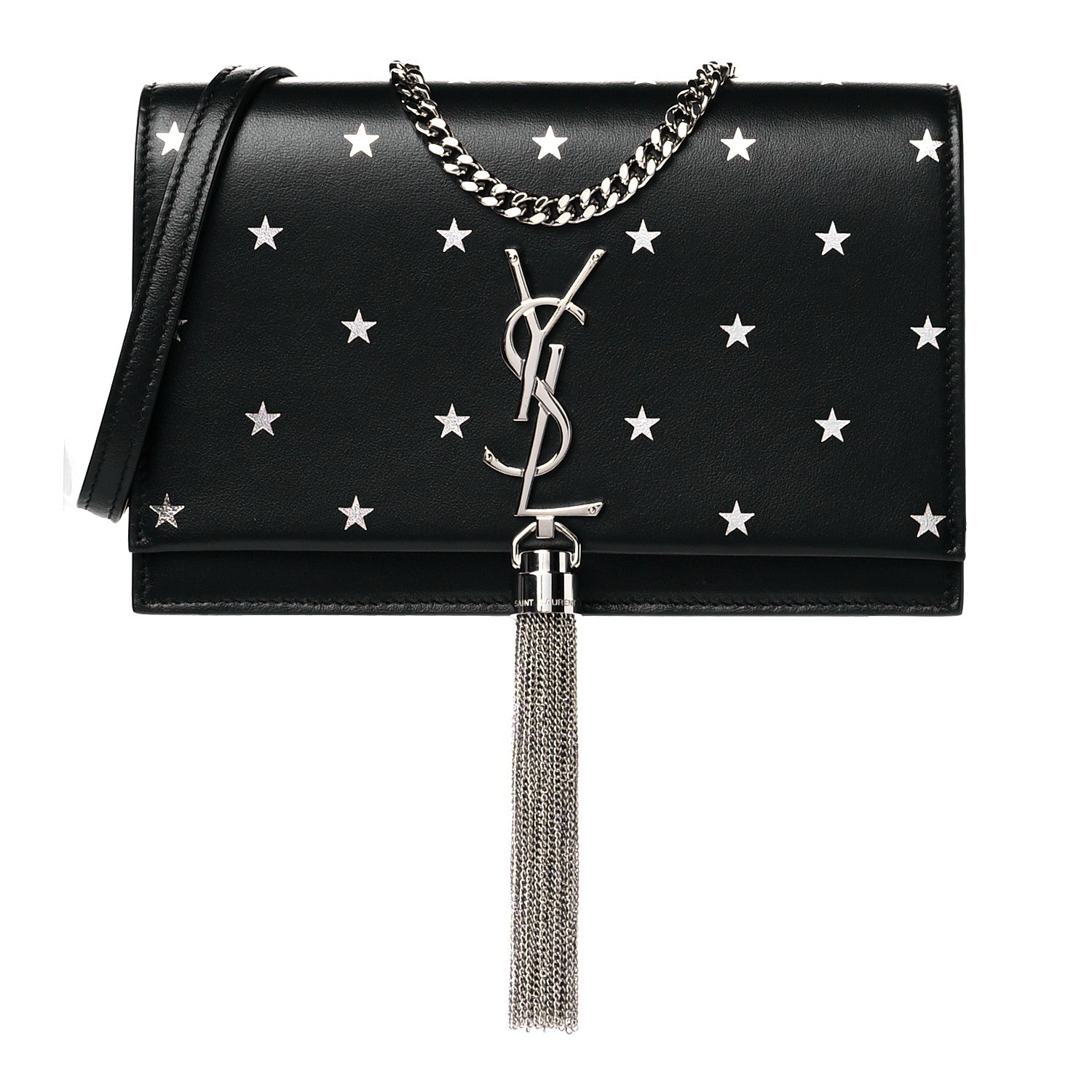 Saint Laurent Calfskin Star Print Monogram Kate Tassel Chain Wallet Black Silver 1 of 11