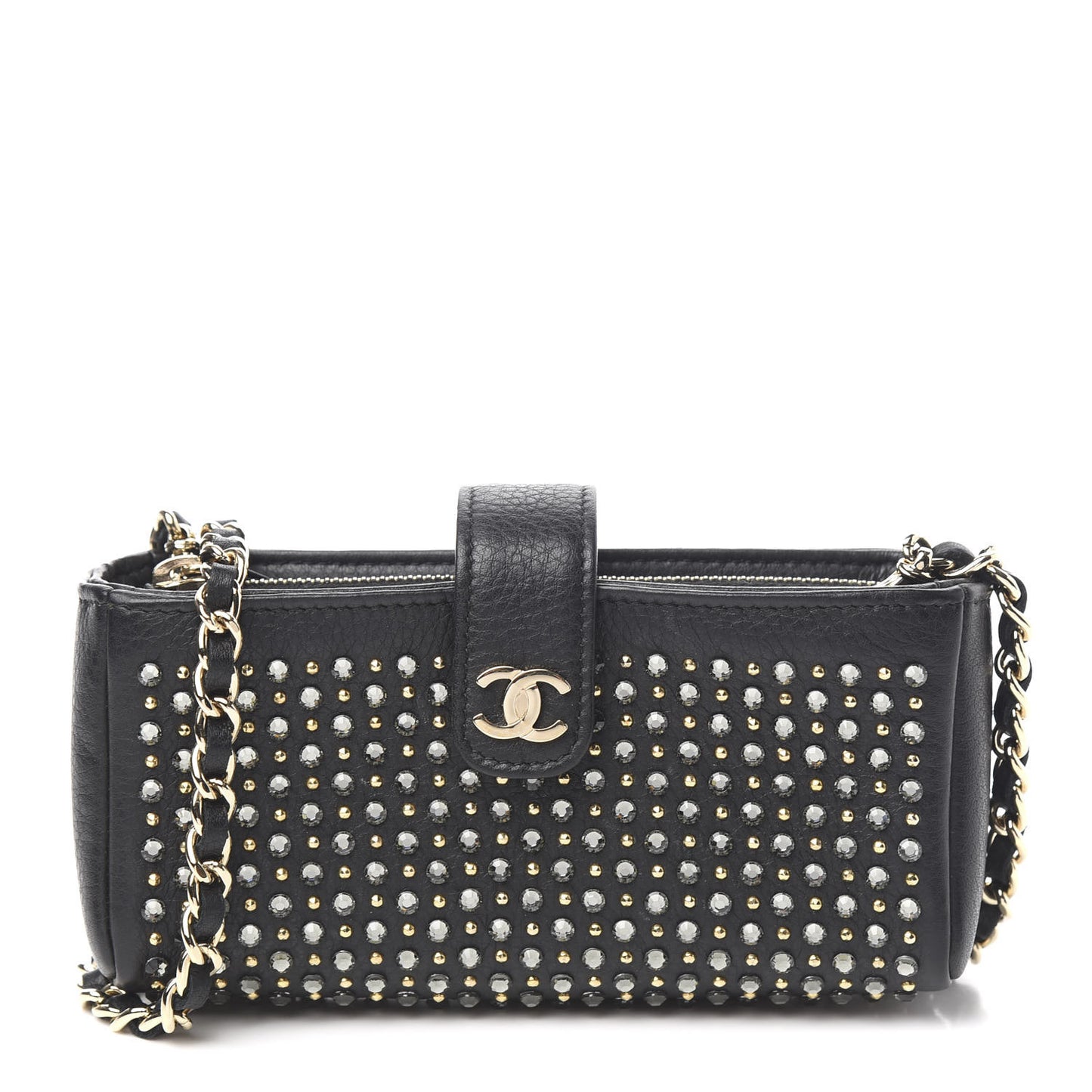 Calfskin Strass Studded Mini Phone Holder Clutch Black