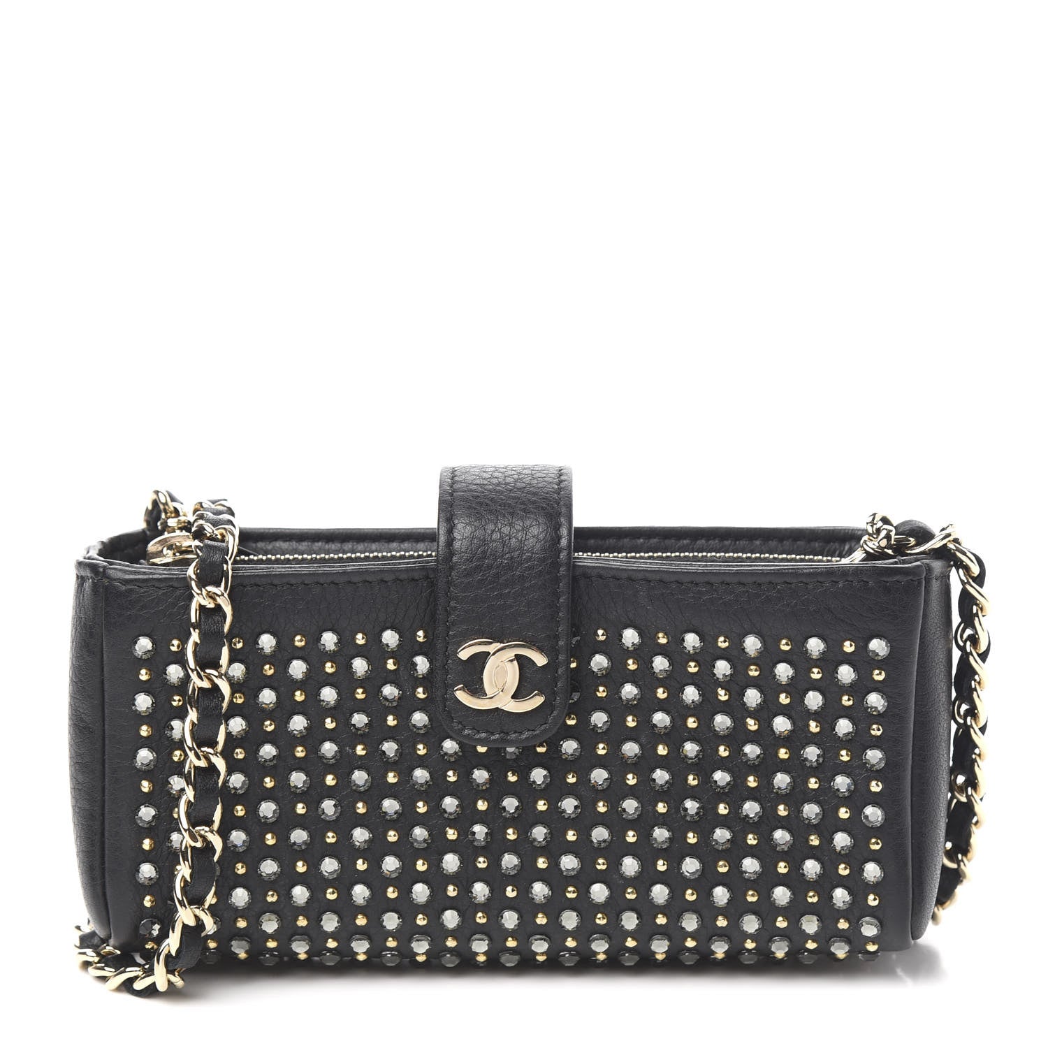 Chanel Calfskin Strass Studded Mini Phone Holder Clutch Black 1 of 11