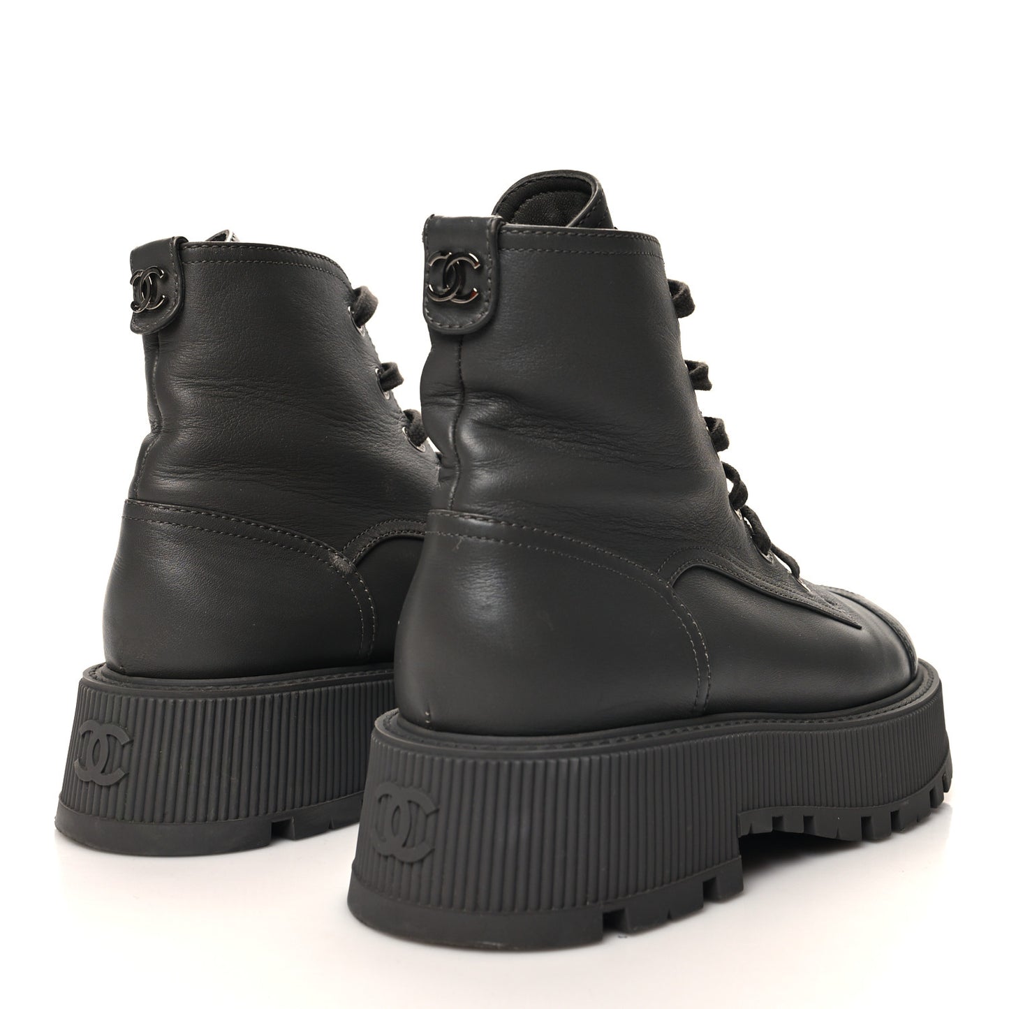 Calfskin CC Lace Up Combat Boots 38.5 Gray