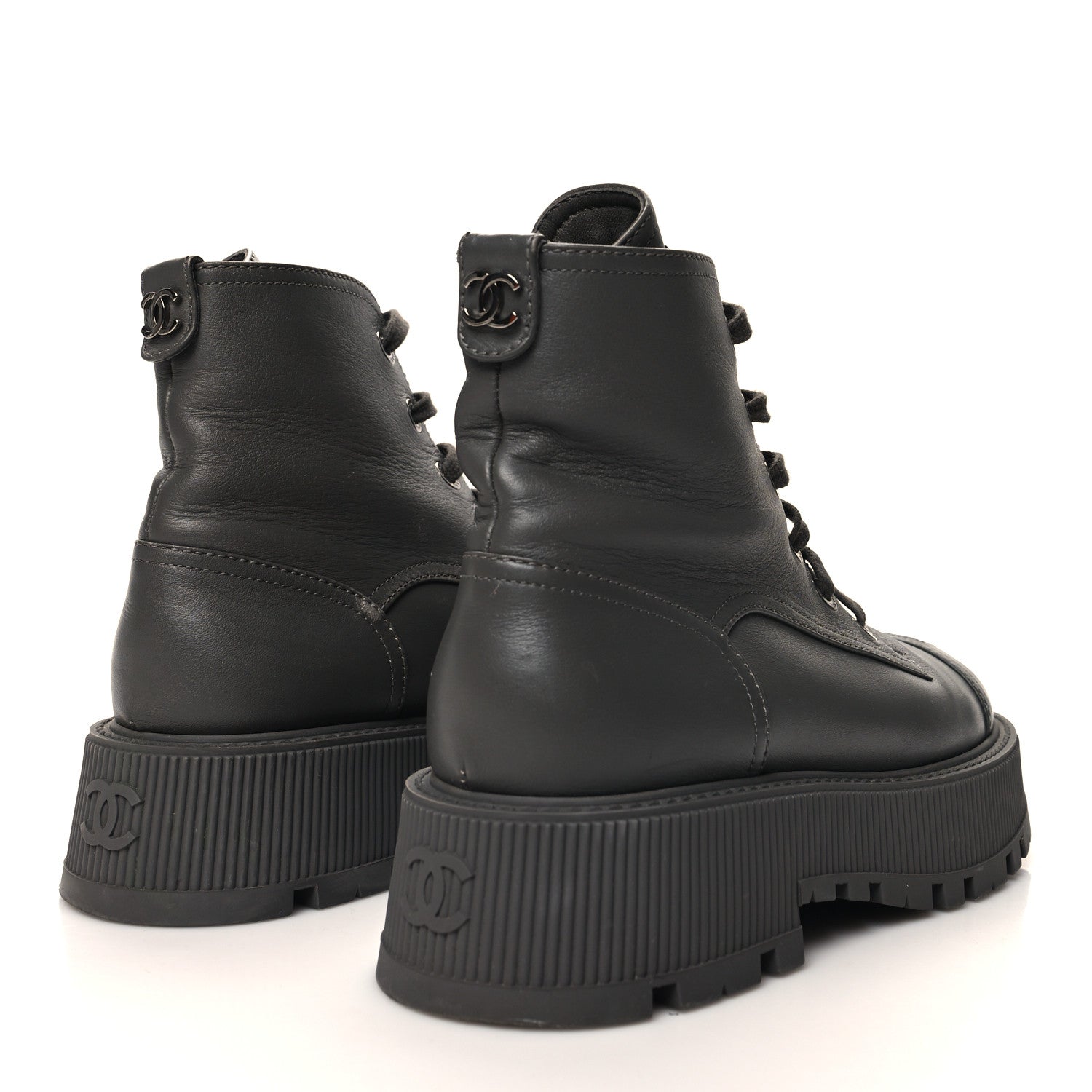 Chanel Calfskin CC Lace Up Combat Boots 38.5 Gray 4 of 11
