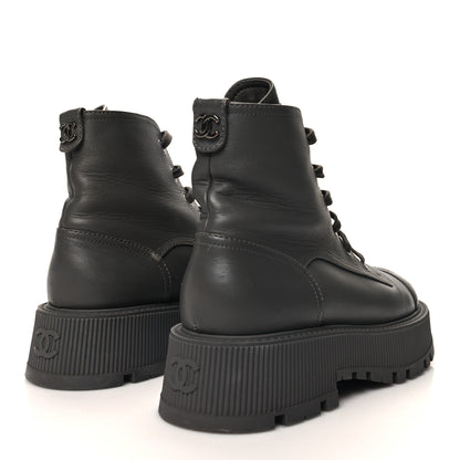 Chanel Calfskin CC Lace Up Combat Boots 38.5 Gray 4 of 11