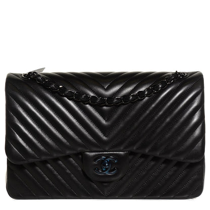 Chanel Lambskin Chevron Quilted Jumbo Double Flap So Black 1 of 9