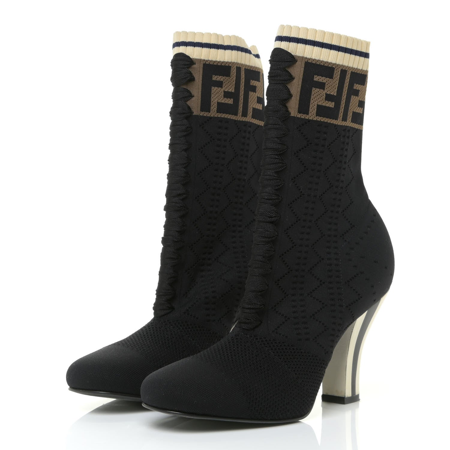 Fendi Stretch Fabric FF Reloaded Openwork Rockoko Sock Boots 39 Black Tobacco Marino 3 of 11