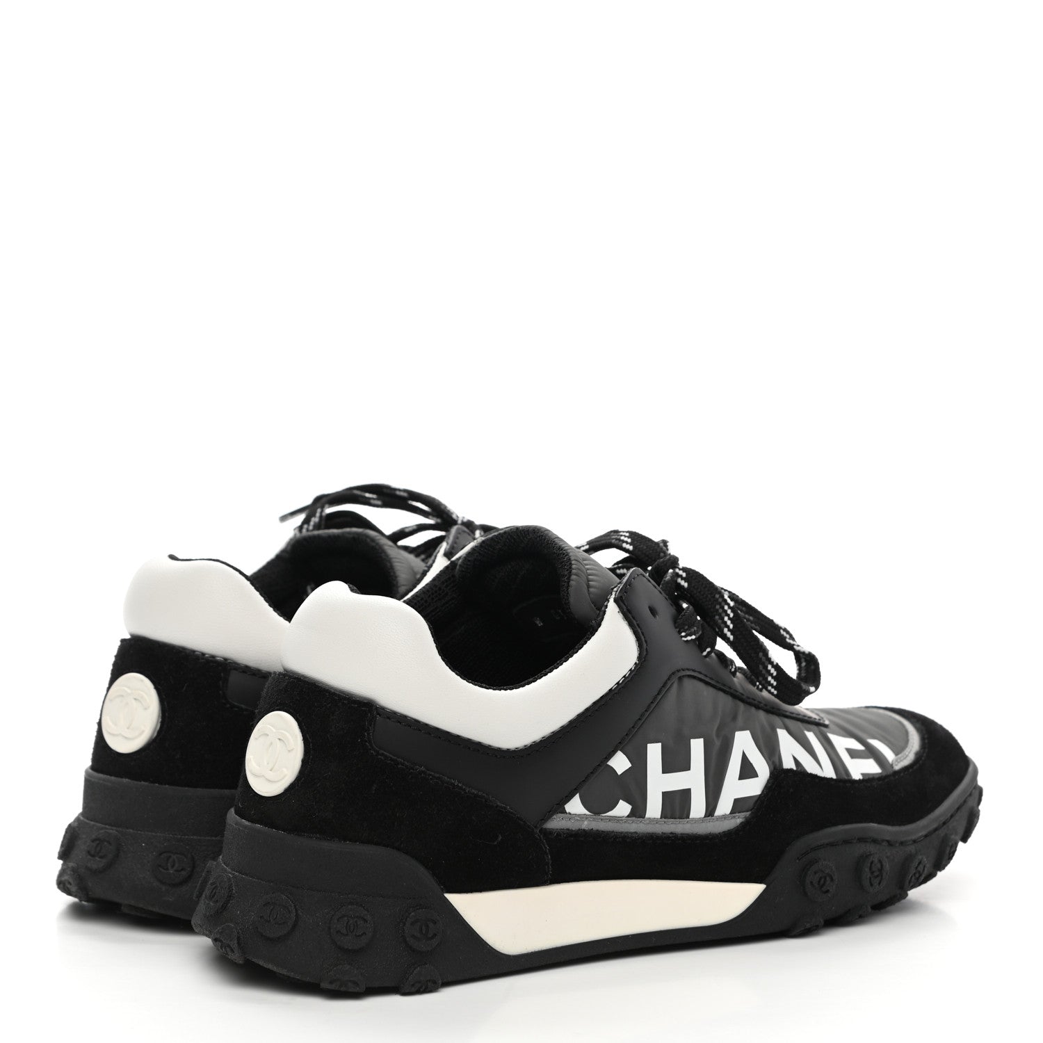 Chanel Nylon Calfskin Suede Womens CC Sneakers 37 Black Grey White 4 of 9