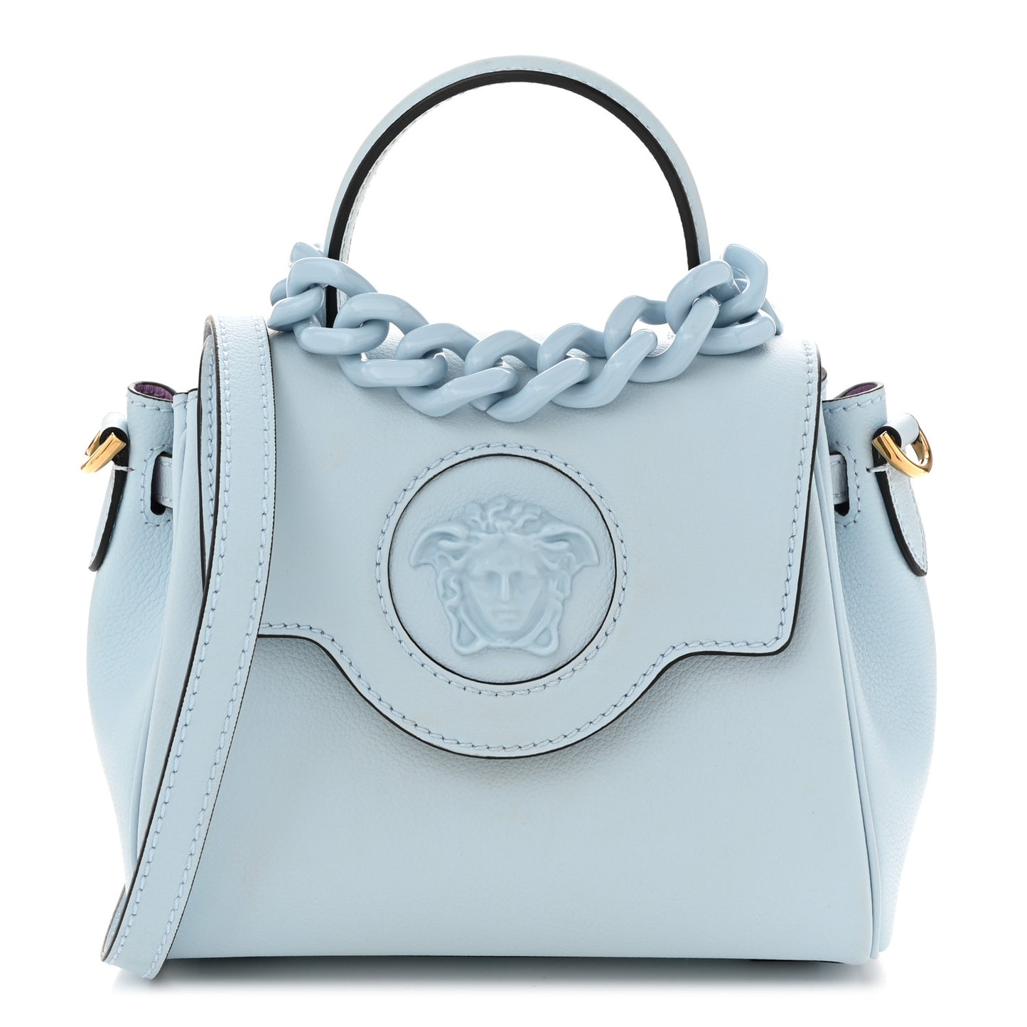 Grained Calfskin Small La Medusa Top Handle Bag Light Blue