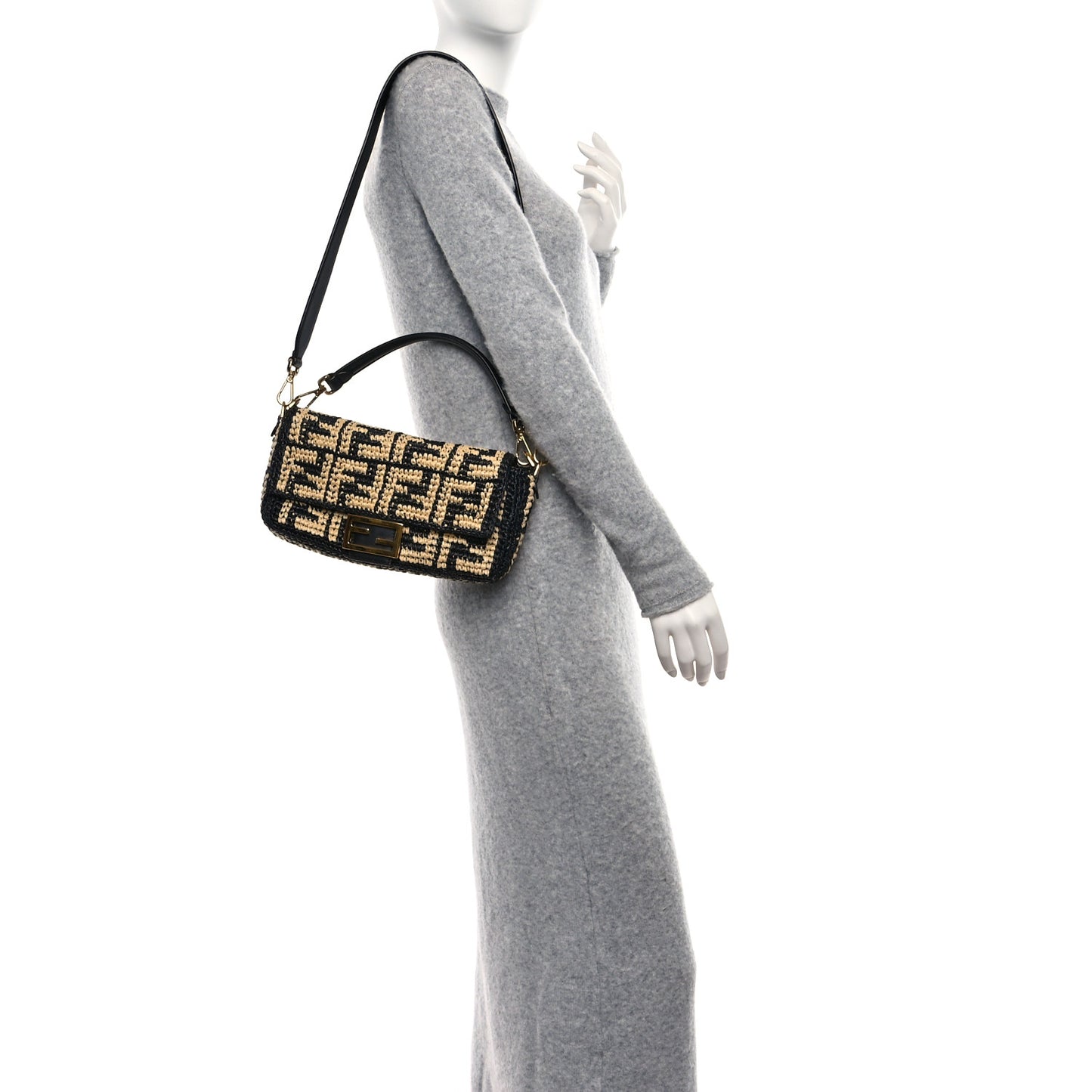Raffia Vitello Grace FF Crochet Baguette Natural Black
