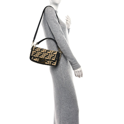 Fendi Raffia Vitello Grace FF Crochet Baguette Natural Black 2 of 8