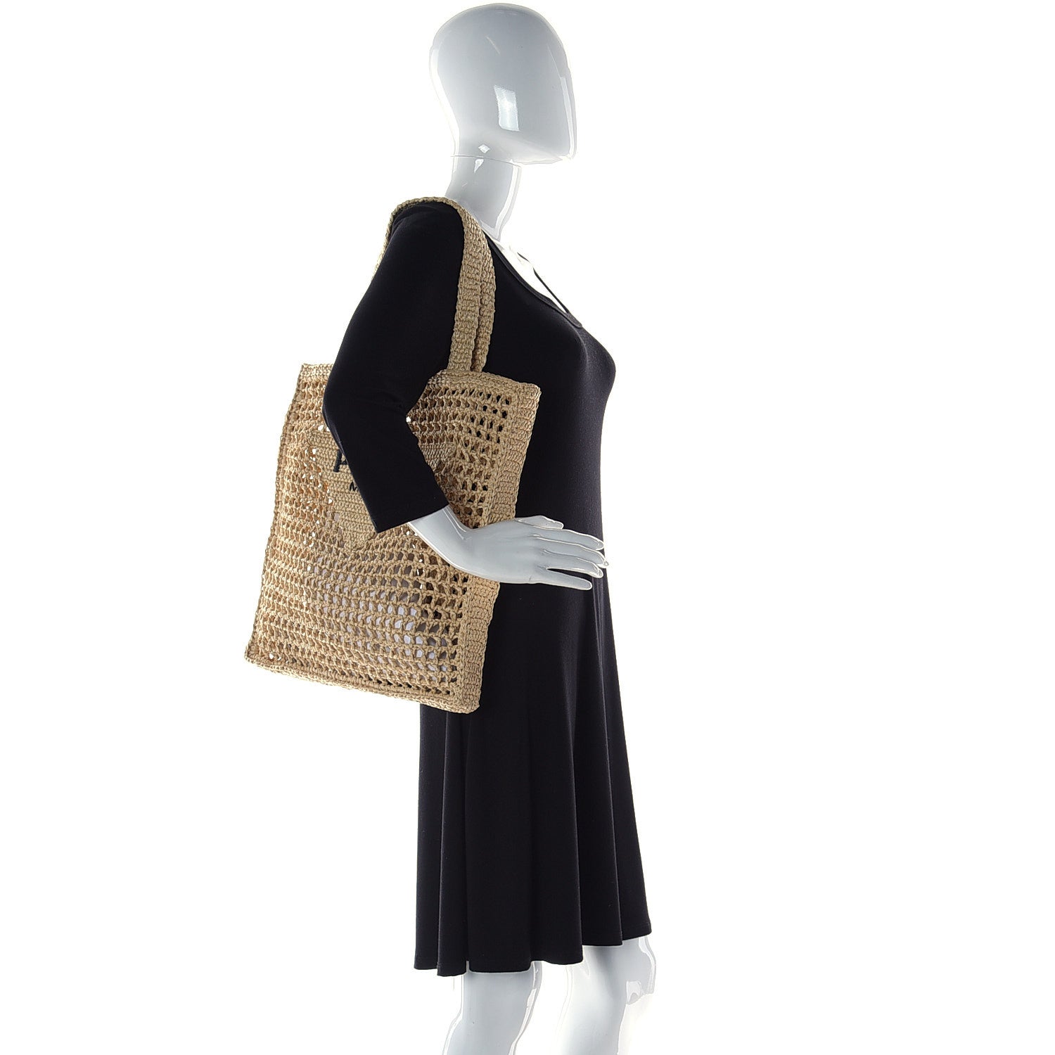 Prada Yarn Raffia Effect Crochet Logo Embroidered Tote Bag Naturale 3 of 18