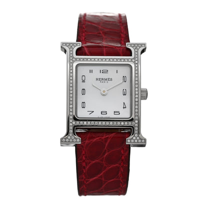 Hermes Stainless Steel Alligator Diamond Bezel Mother of Pearl 21mm Heure H Hour Quartz Watch Braise 1 of 4
