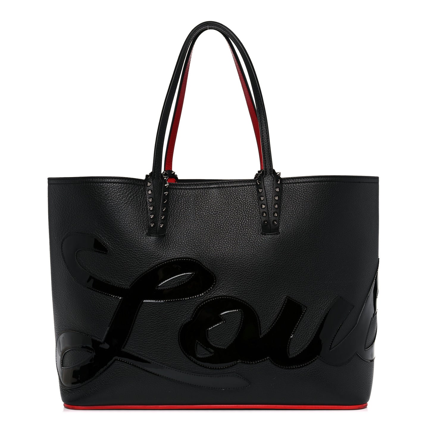 Calfskin Patent Logo Spikes East West Cabata Tote Black