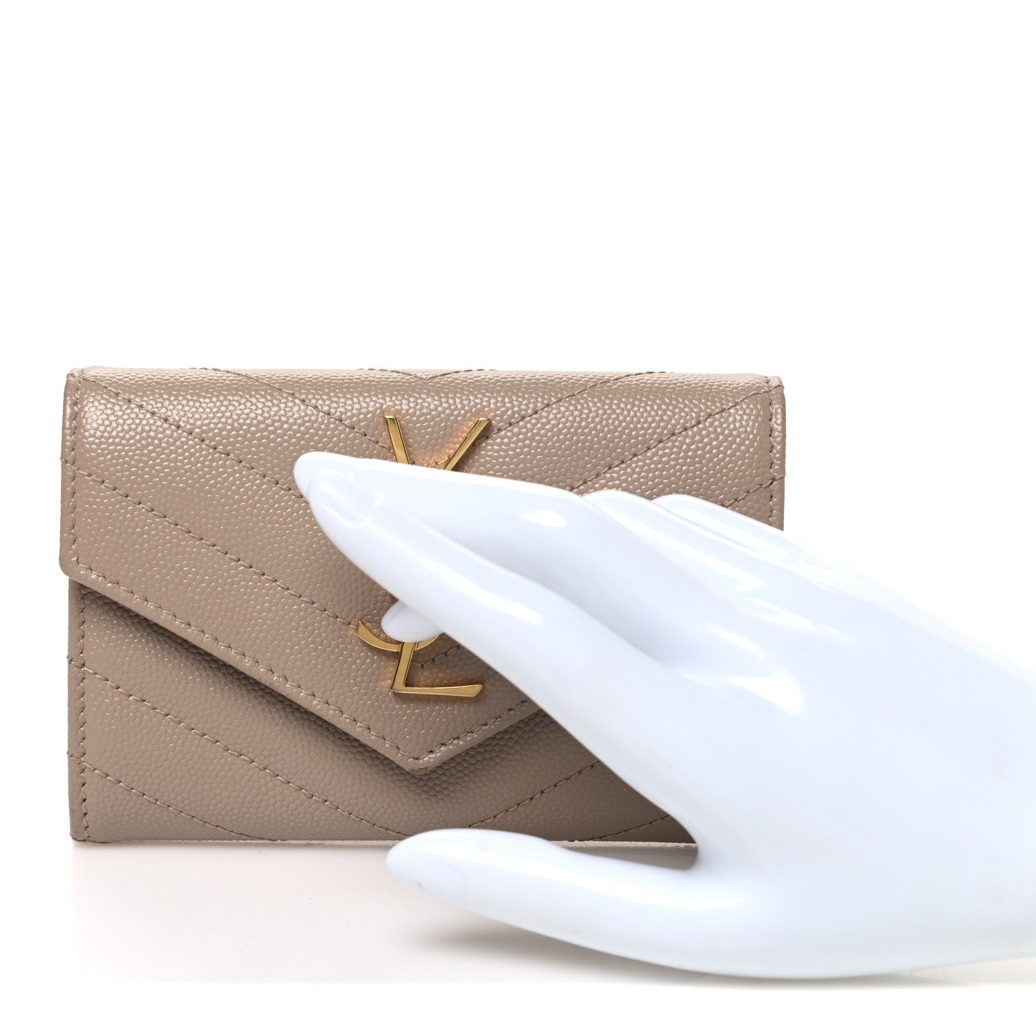 Saint Laurent Grain De Poudre Matelasse Chevron Small Monogram Envelope Wallet Dark Beige 2 of 7