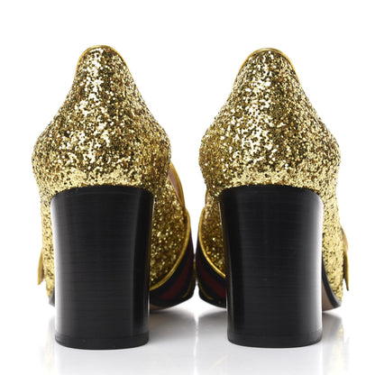 Gucci Glitter Nappa Web Peyton 75mm Loafer Pumps 38 Oro Vecchio 7 of 10