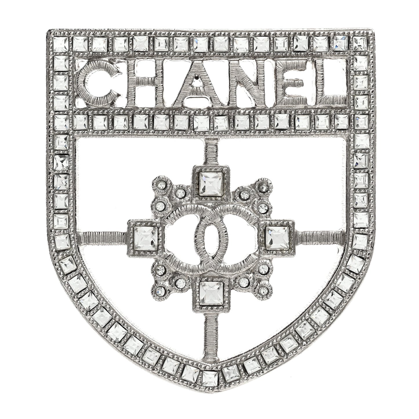 Swarovski Baguette Crystal CC Shield Brooch Silver