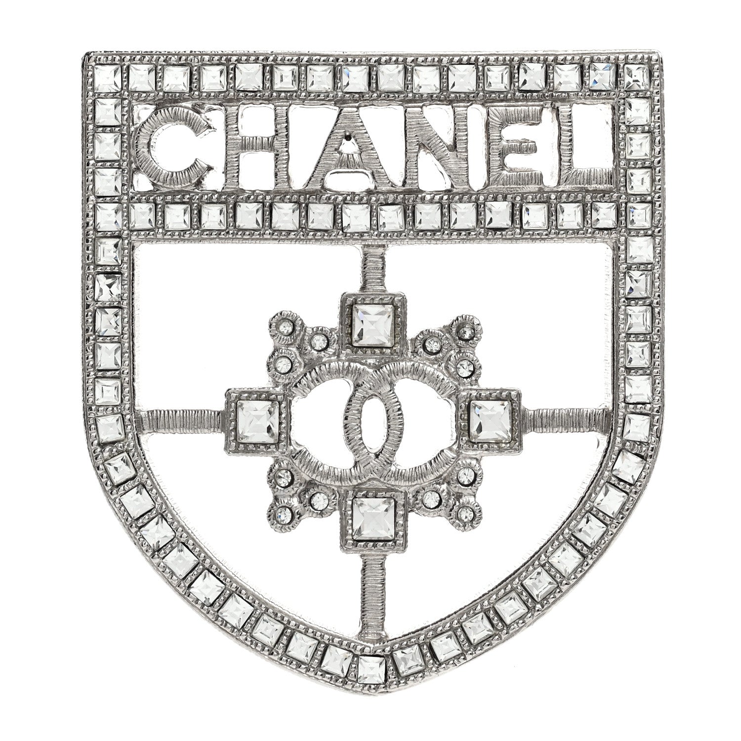 Chanel Swarovski Baguette Crystal CC Shield Brooch Silver 1 of 3