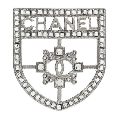Chanel Swarovski Baguette Crystal CC Shield Brooch Silver 1 of 3