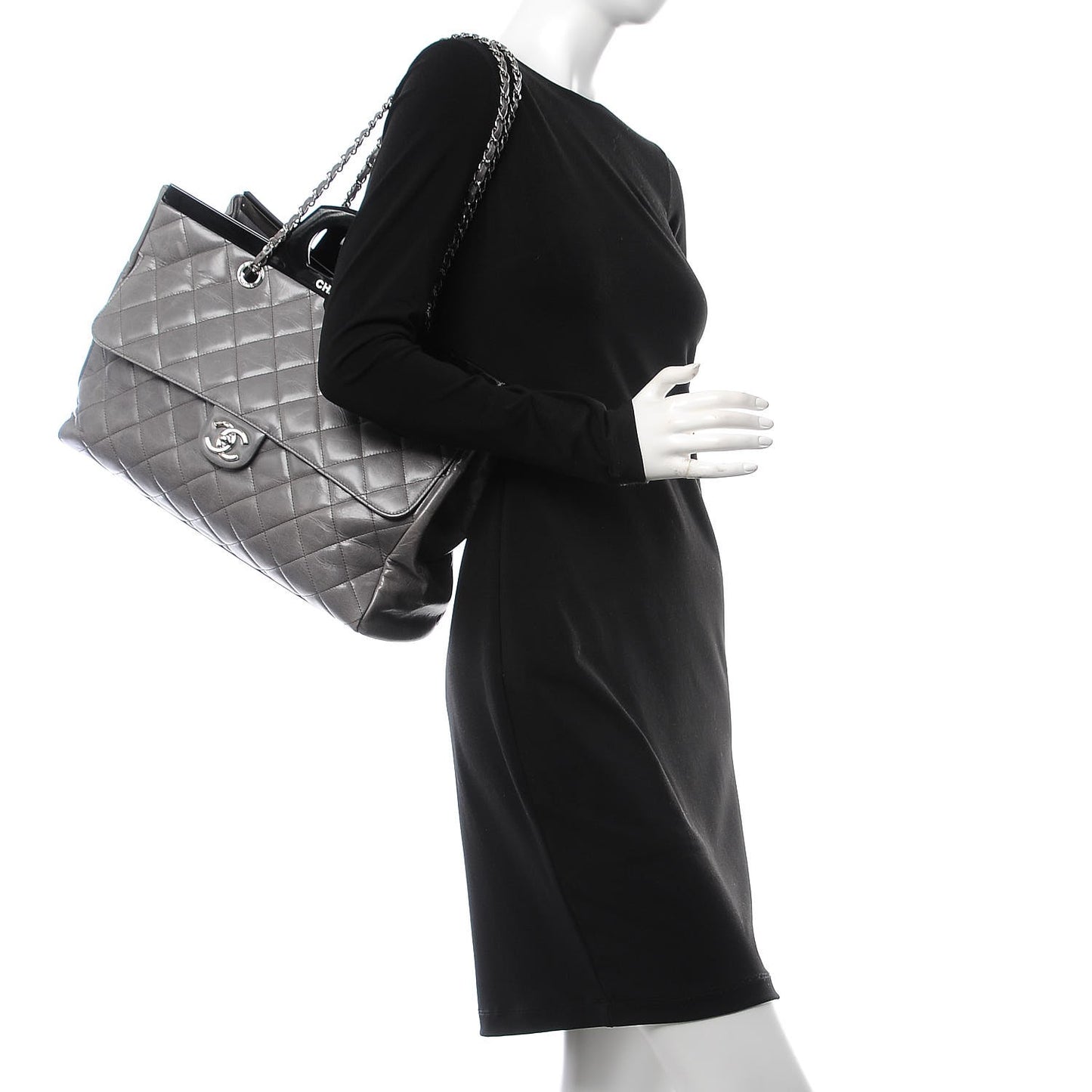 Glazed Calfskin Quilted Large CC Delivery Tote Grey