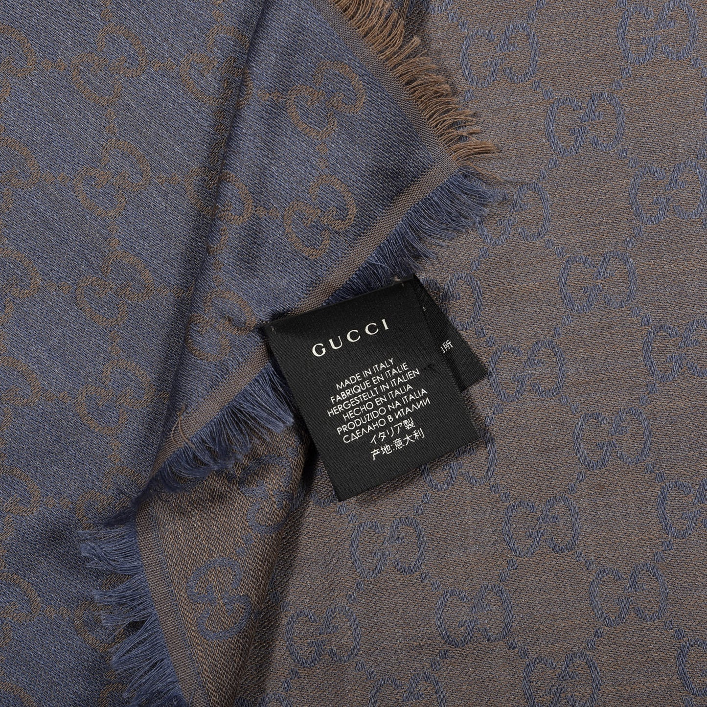 Wool Silk Monogram GGWeb Fringe Shawl Taupe Sky Blue