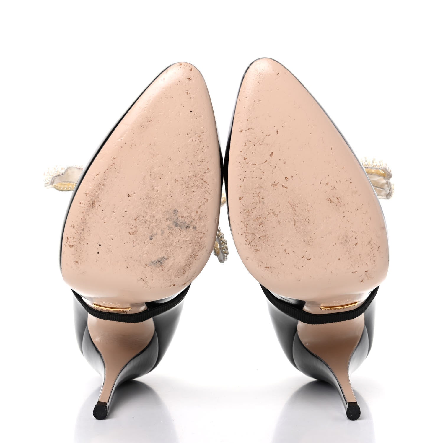 Gucci Polished Calfskin Removable Pearly Bow Elaisa Platform High Heel Pumps 37.5 Black 6 of 9