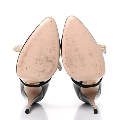 Gucci Polished Calfskin Removable Pearly Bow Elaisa Platform High Heel Pumps 37.5 Black 6 of 9