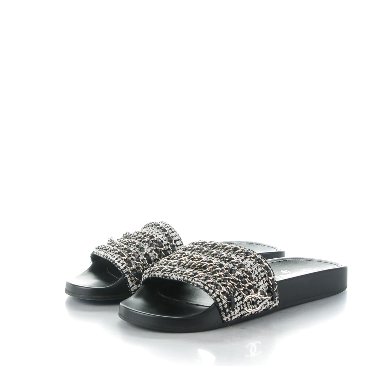 Tweed Lambskin Chain Flat Sandals 41 Black White